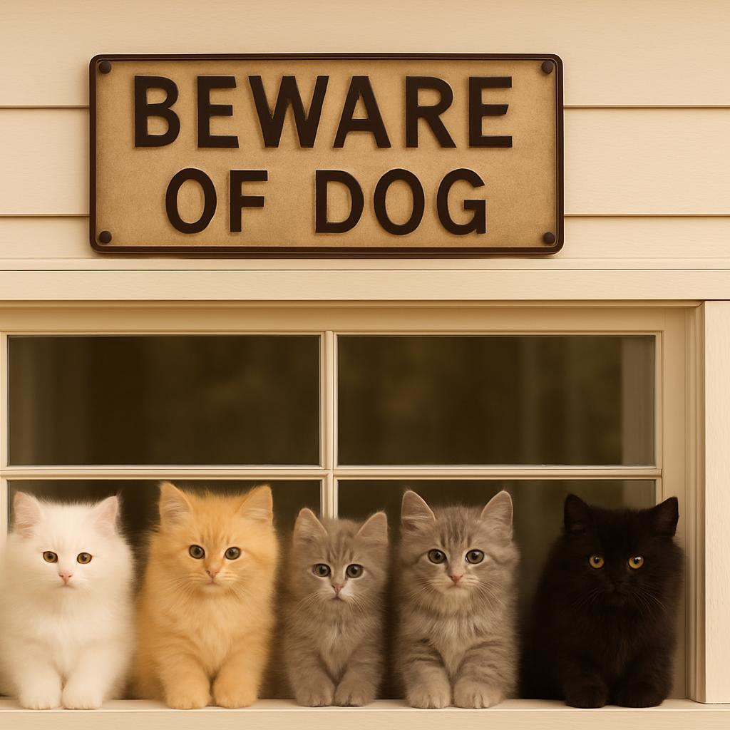 Photo of cats under a sign that says 'Beware of Dogs'.